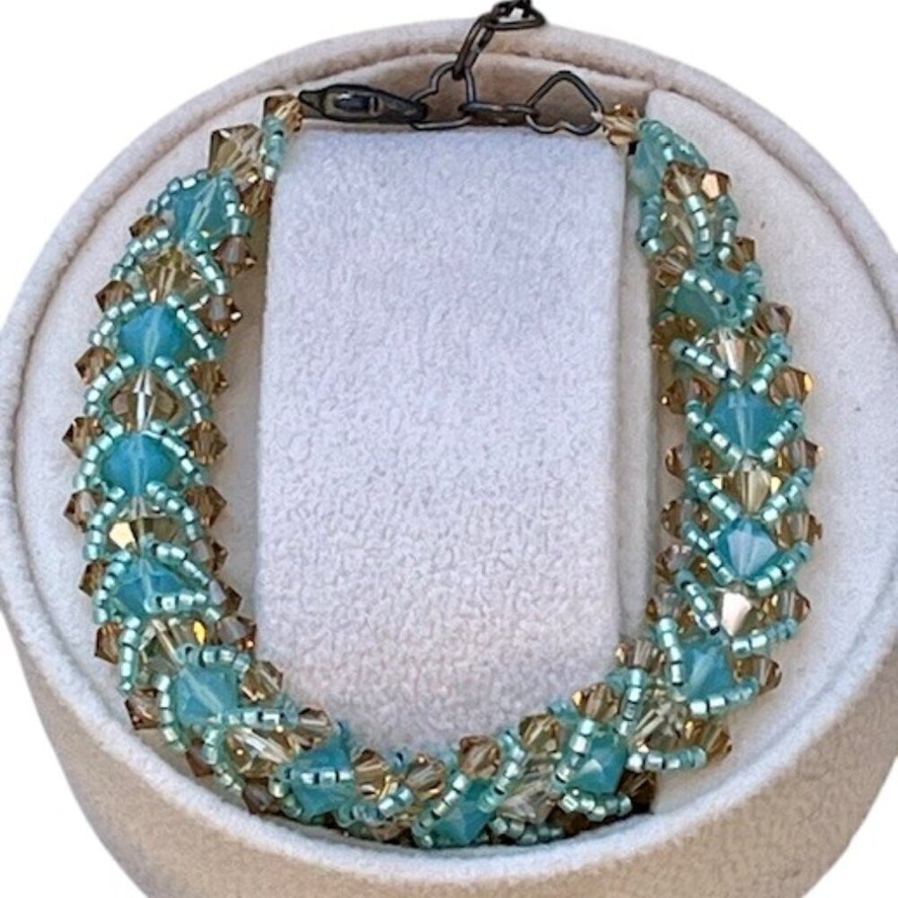 Aquamarine Blue and Golden Beige Flat Spiral Stitch Seed Bead Bracelet 8.5